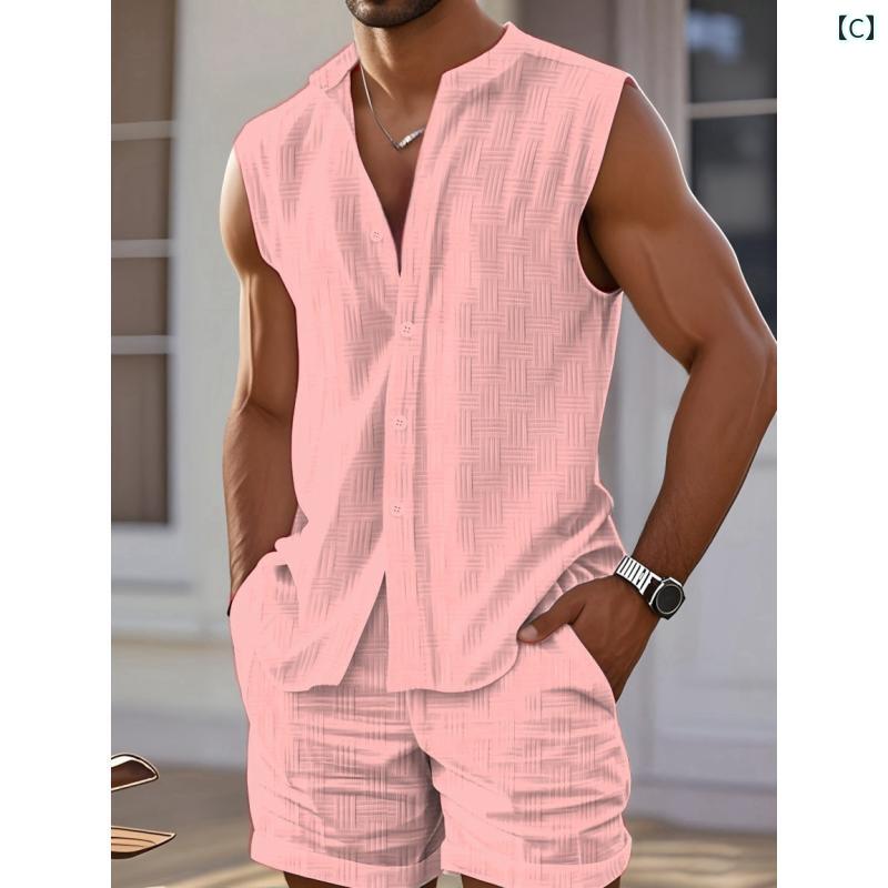 メンズ ベスト シャツ カジュアル ノースリーブ ショートパンツ 上下セット セットアップ ビーチ 旅行 軽量 合わせやすい カラバリ豊富 選べるカラー 色違い リラックス
