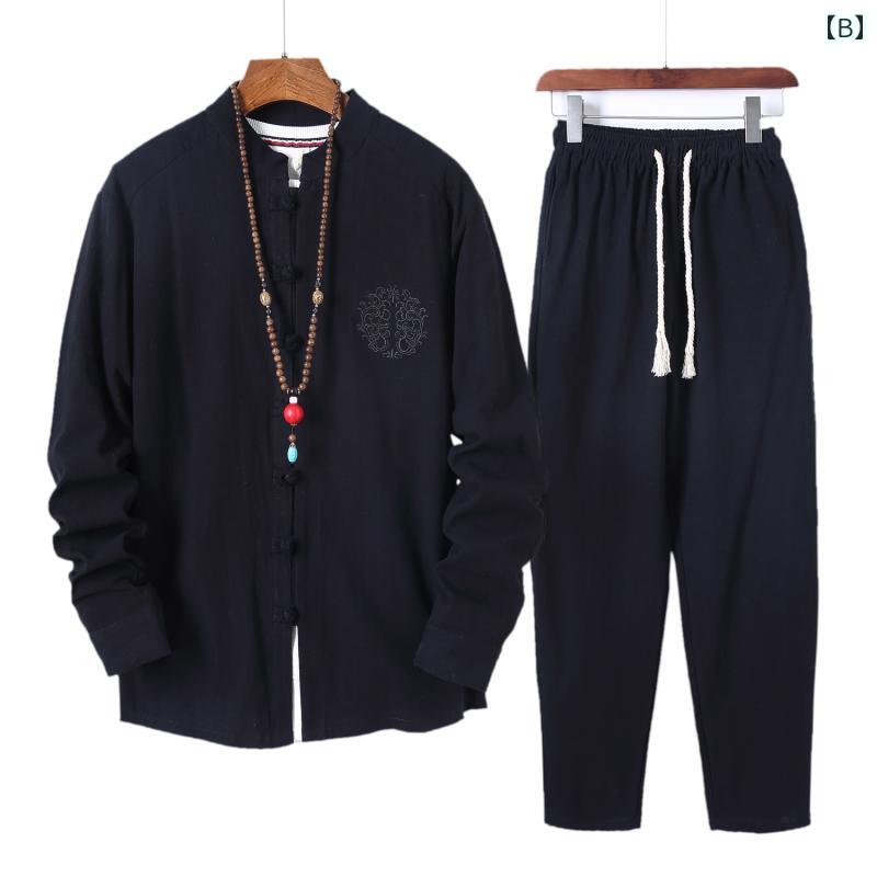 チャイナ風 メンズ シンプル ルームウェア 秋 おしゃれ コットン リネン 中国ファッション スタイリッシュ 唐装 漢服 レトロ セットアップ ワンポイント 無地