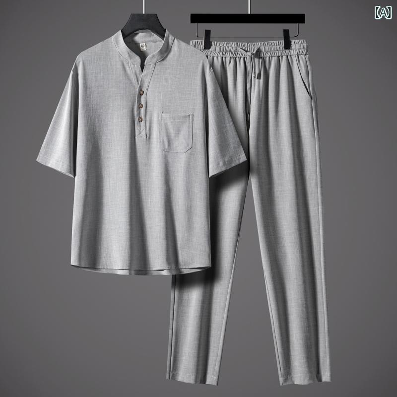 セットアップ 高級感 チャイナ風 シンプル リネン おしゃれ 清楚感 クール リラクシング カジュアル 上品 かっこいい メンズ アジアンスタイル 中年 お父さん お散歩 無地