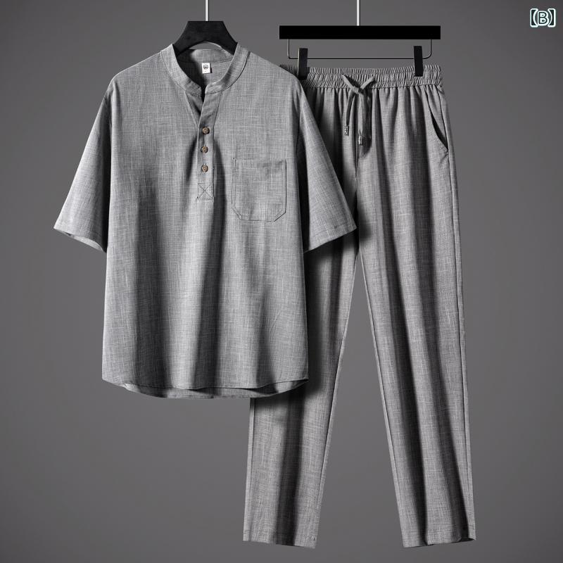 セットアップ 高級感 チャイナ風 シンプル リネン おしゃれ 清楚感 クール リラクシング カジュアル 上品 かっこいい メンズ アジアンスタイル 中年 お父さん お散歩 無地