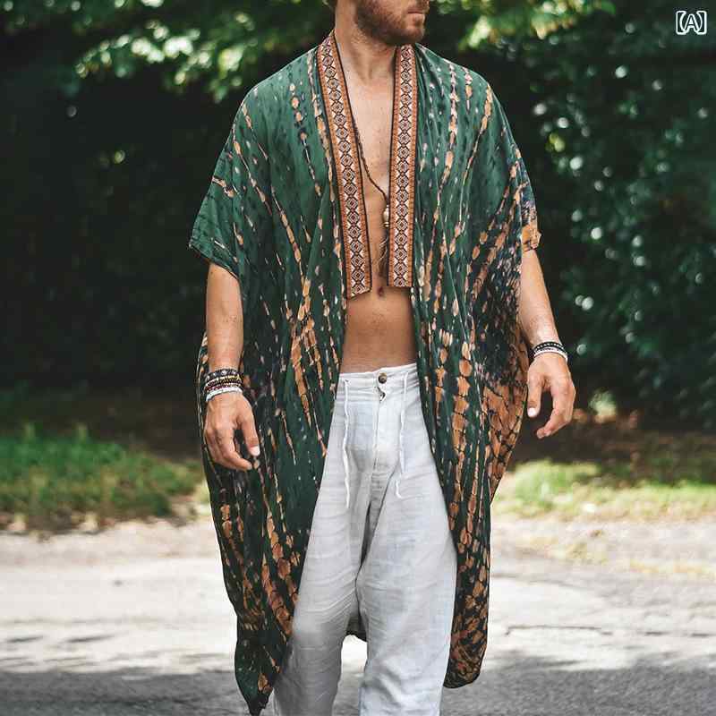 ジャケット プリント 日焼け防止 トップス 長袖 前開き Vネック ファッション マント カジュアル アメリカ ユニーク 若見え ビーチ レジャー 夏 メンズ 軽量 ソフト 日常使い アウトドア