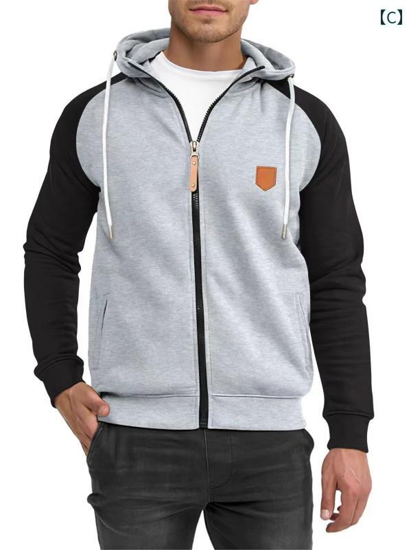 シャツ カラーマッチング シンプル 無地 アウター 長袖 ジッパー フード付 スウェット スポーツ カーディガン カジュアル アメリカ ファッション メンズ 軽量 ソフト 日常使い アウトドア