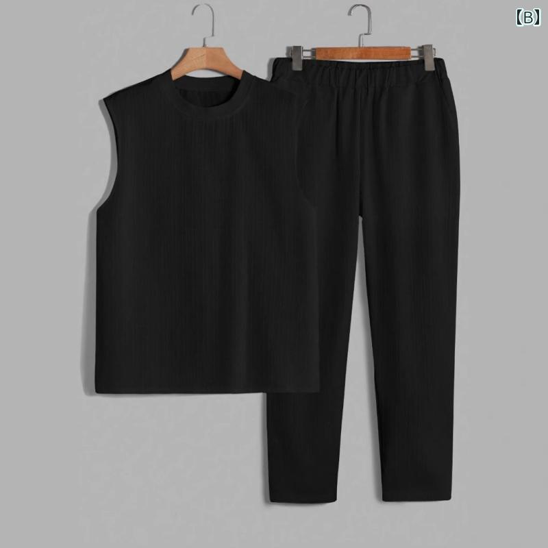 ツーピース スーツ シンプル 無地 ノースリーブ プルオーバー ラウンドネック シャツ ロング丈 パンツ セットアップ カジュアル アメリカ 夏 軽量 ソフト 日常使い アウトドア