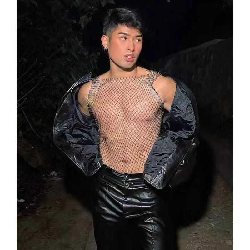 タンクトップ メンズ レディース ナイトクラブ 魅惑的 ラインストーン付き フィッシュネット ノースリ..