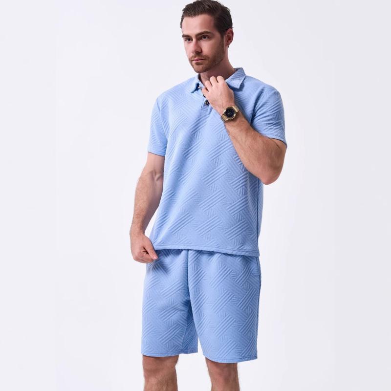 メンズ セットアップ スウェット カジュアルウェア 夏 無地 ジャカード ポロシャツ カジュアル 半袖 シ..