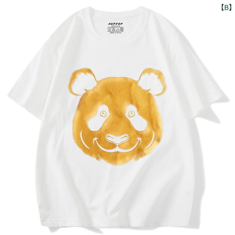 Tシャツ メンズ ファッション トップス 半袖 パンダ柄 プリント 金箔押し 大きいサイズ コットン ゆったり 快適 カジュアル ペアコーデ ストリート系 スタイリッシュ デイリー