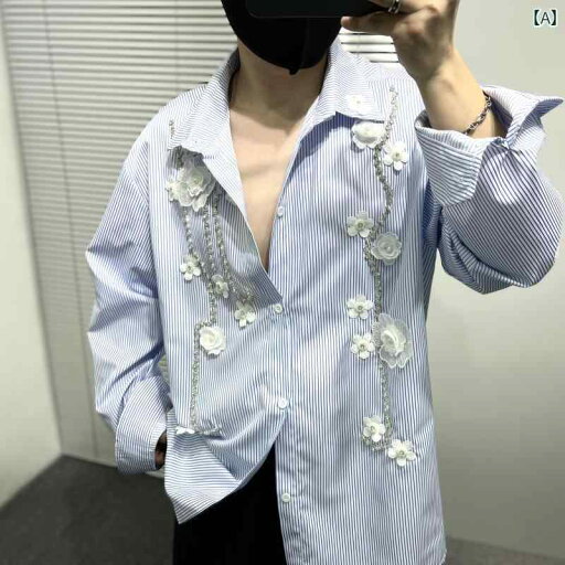 メンズ ファッション デザイン感 立体 花 ブルー ストライプ シャツ ハイエンド 韓国 トップス さわやか 若見え 春 レジャー メンズ ファッション デザイン感 立体 花 ブルー ストライプ シャツ ハイエンド 韓国 トップス さわやか 若見え 春 レジャー