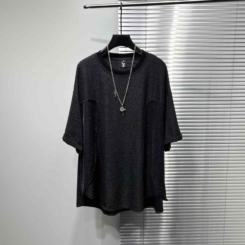 Tシャツ 夏コーデ 光沢 ドレープ 裾スリット トップス 半袖 ホットラインストーン 薄手 通気性 快適 軽量 ラウンドネック カジュアル ストリート モード 個性派