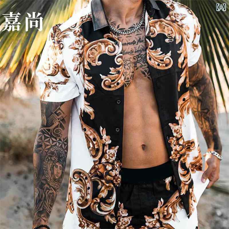 セットアップ メンズ 夏 カジュアル ゆったり プリントデザイン ヨーロピアンスタイル おしゃれ ユニーク 半袖 サマーウェア