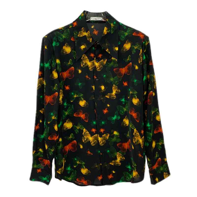 シャツ トップス メンズ ファッション プリント バタフライ柄 長袖 春夏コーデ ゆったり 冷感 通気性 薄手 ノー アイロン シフォン 肩パッド エレガント カラフル 個性