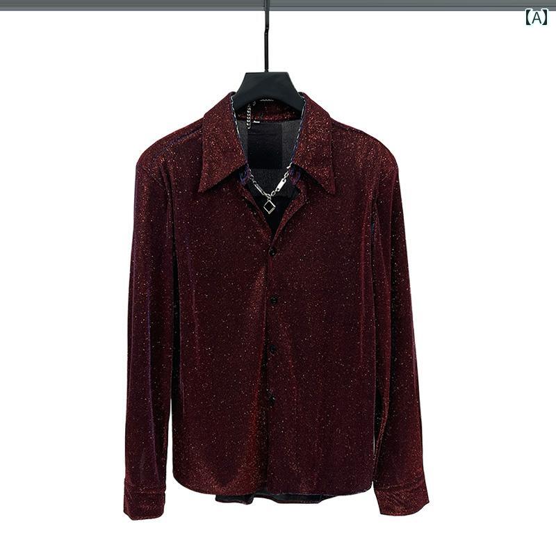 シャツ トップス メンズ 春夏 ファッション 反射 光沢 肩パッド付き 長袖 薄手 通気性 快適 カジュアル スタイリッシュ エレガント おしゃれ ストリート モード