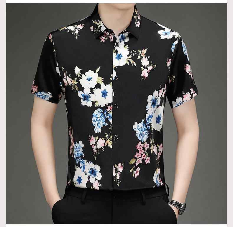 シャツ トップス 夏コーデ メンズ ファッション 半袖 花柄 サテン 光沢 中年 薄手 軽量 快適 着心地 スリムフィット しなやか カジュアル エレガンス デイリー 飲み会