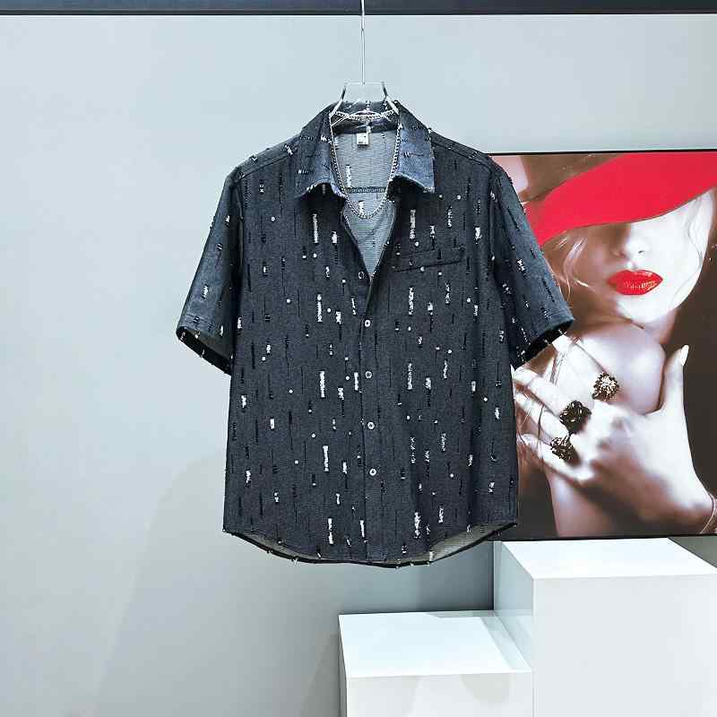シャツ トップス メンズ ファッション 高級 ラインストーン 肩パッド 半袖 通気性 軽量 快適 着心地 カ..