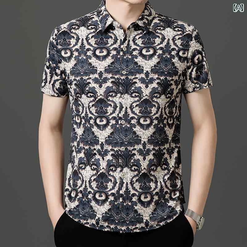 柄シャツ 半袖 花柄 植物柄 タトゥー 襟 通気性 夏 メンズ 美容師 おしゃれ シンプル カジュアル クール シック