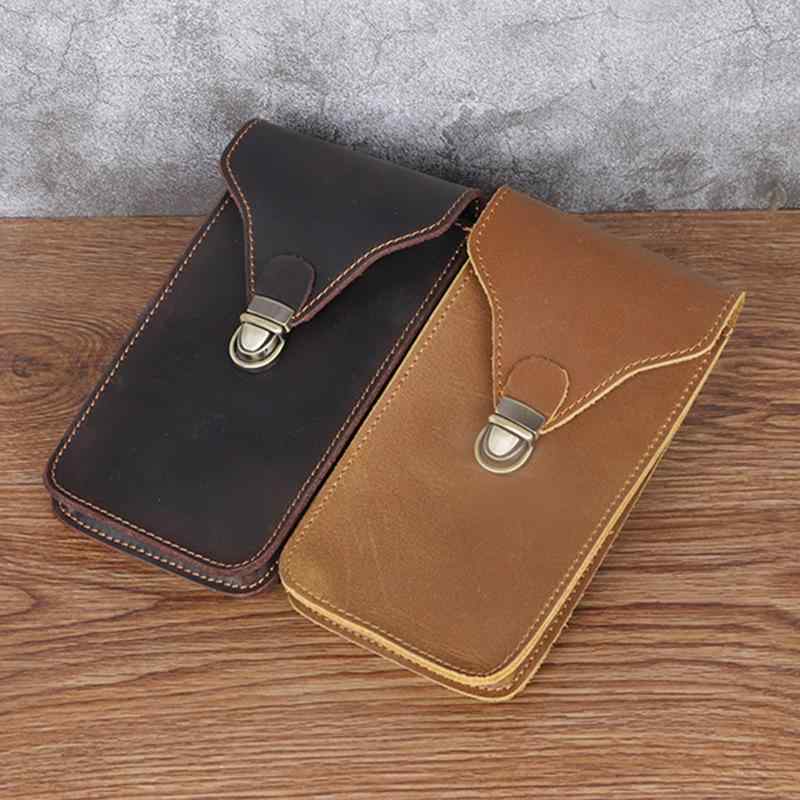 ウエストバッグ メンズ 男性用 本革 牛革 クレイジーホースレザー スマホポーチ 携帯ケース 縦型 スクエア レトロ アンティーク調 普段使い 通勤 フラップロック ボディバッグ ダークブラウン キャメル