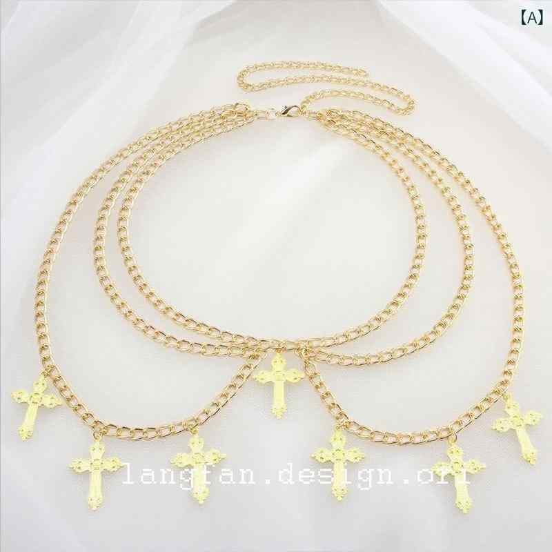 アクセサリー レディース インス風 クール ダーク 多層 十字架 メタル ウエストチェーン パンツチェーン ゴシック パンク ロック スパイシーギャル レイヤード ゴールド シルバー ファッション小物(4.0)