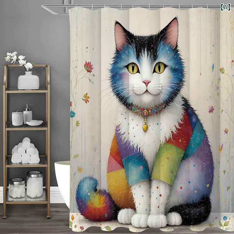 Rakuten - シャワーカーテン バスカーテン かわいい キュート 猫 ネコ 写真 フォト デジタルプリント 浴室 バスルーム お風呂 間仕切り 目隠し 防水 ポリエステル フック付き