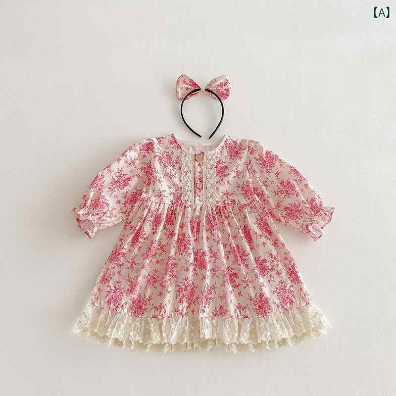 樂天商城 - ワンピース 女の子 キッズ 女児 秋冬 小花柄 プリンセスドレス フリル レース 長袖 綿100% 柔らか素材 ソフトタッチ Aライン フレアスカート ふんわりシルエット スイート かわいい お出かけ 普段着 デイリーユース