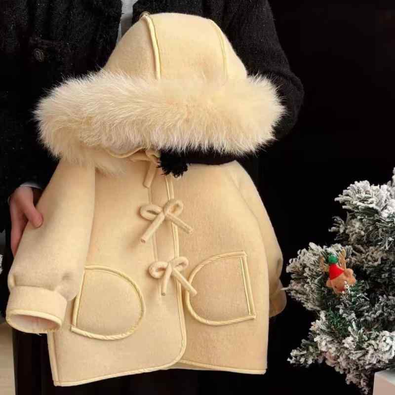 コート 女の子 ベビー キッズ 冬 韓国風 蝶結びデザイン 裏起毛 フード付き メルトン ポリエステル アウター 防寒 保温 ミドル丈 シングルブレスト かわいい やわらか肌触り 通園 お出かけ イエロー系