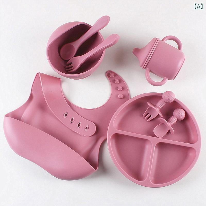ベビー食器 乳幼児 赤ちゃん キッズ シリコン製 8点セット 離乳食 食事トレーニング プレート ボウル お椀 スタイ シンプル おしゃれ かわいい ピンク グレー ブルー ベージュ