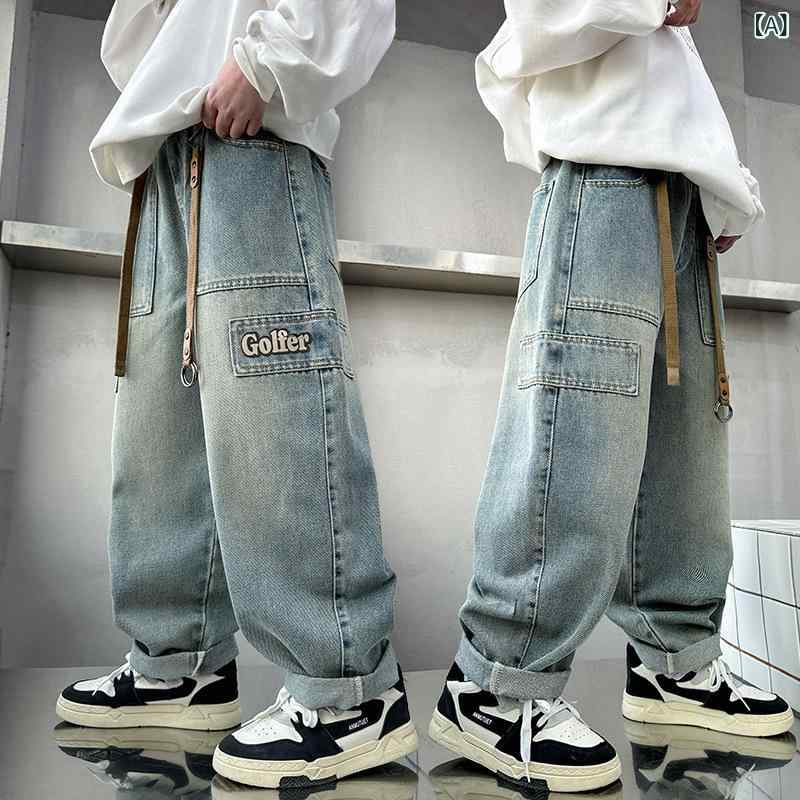 デニムパンツ 男の子 ジュニア 男児 春秋 ストレート ワイド レトロ ヴィンテージ ゆったり ルーズ ハイウエスト ウエストゴム 綿 コットン 通学 普段使い 柔らかい 刺繍