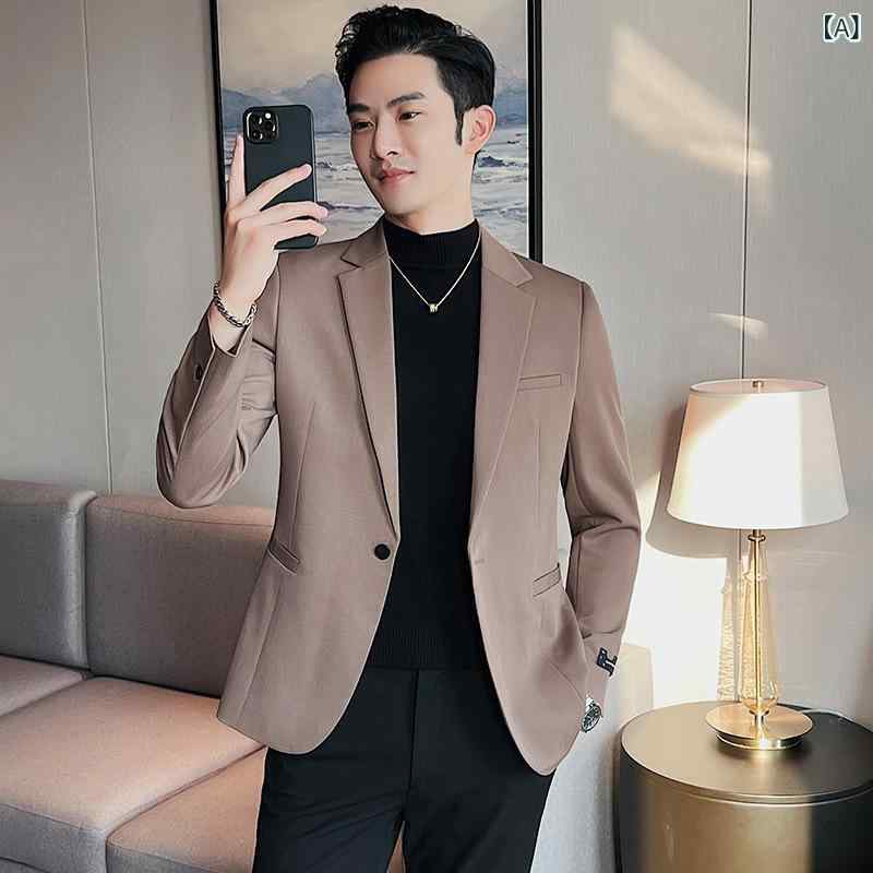 テーラードジャケット メンズ 秋冬 韓国ファッション スリムフィット カジュアル ビジネス ポリエステル ツイル生地 長袖 シングルブレスト テーラードカラー ブラウン グレー ブラック ネイビー