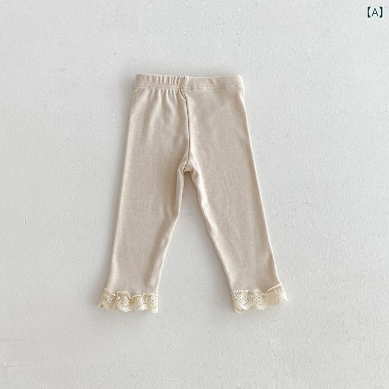 レギンス スパッツ 女の子 ベビー キッズ 春秋 コットン 綿 フリル レース 切り替え 無地 ストレッチ ロングパンツ ゴムウエスト ミドルウエスト 普段使い 部屋着 柔らか 伸縮性