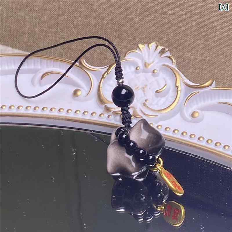 キーホルダー 招財猫 猫モチーフ シルバーオブシディアン 天然水晶 天然石 携帯ストラップ バッグチャーム キーリング 手作り 個性的 かわいい おしゃれ 幸運 開運 魔除け お守り 普段使い ファッション 春夏