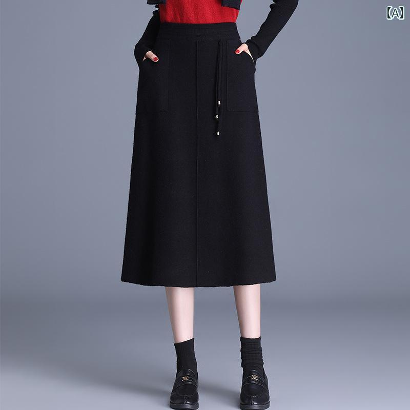スカート レディース ニット ミディ丈 Aライン ハイウエスト ストレッチ ポリエステル 無地 伸縮性 きれいめ 上品 通勤 オフィス カジュアル 秋冬