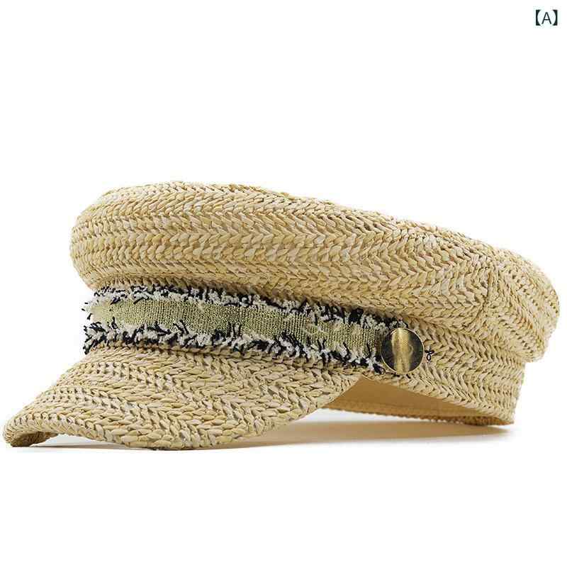 麦わら帽子 レディース 透かし編み クロシェ フラットトップ マリンキャスケット ショートブリム ポリエステル UVカット 遮光 通気性 春夏 おしゃれ お出かけ 旅行 レジャー