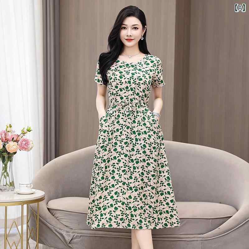 Rakuten - ワンピース レディース ミセス 夏 花柄 プリント 半袖 ミディ丈 クルーネック ハイウエスト ゆったり 大きいサイズ 体型カバー Aライン フレアスカート 再生繊維 レーヨン 上品 きれいめ 通勤 普段使い
