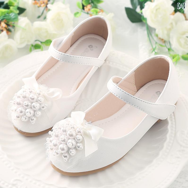 Shoes - フラットシューズ 女の子 キッズ ベビー プリンセス バレエ フォーマル ドレス パンプス マイクロファイバー ソフト素材 韓国風 花飾り ビーズ装飾 マジックテープ 通気性 耐久性 春夏秋 ホワイト ピンク