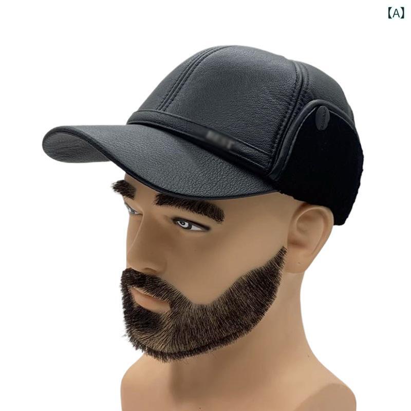 Rakuten - ベースボールキャップ メンズ 男性用 秋冬 フェイクレザー 人工皮革 柔らかい 防寒 防風 保温 耳当て付き 折り返し つば広 カジュアル 普段使い アウトドア シンプル 上品 ブラック グレー