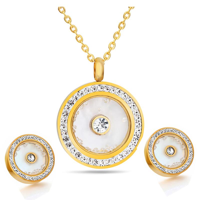 Women's accessories, Korean style, elegant, sophisticated, 18k gold, shell, cubic zirconia, stud earrings, necklace, pendant, snake bone chain, stainless steel jewelry set, gold, circular design, luxurious feel.
