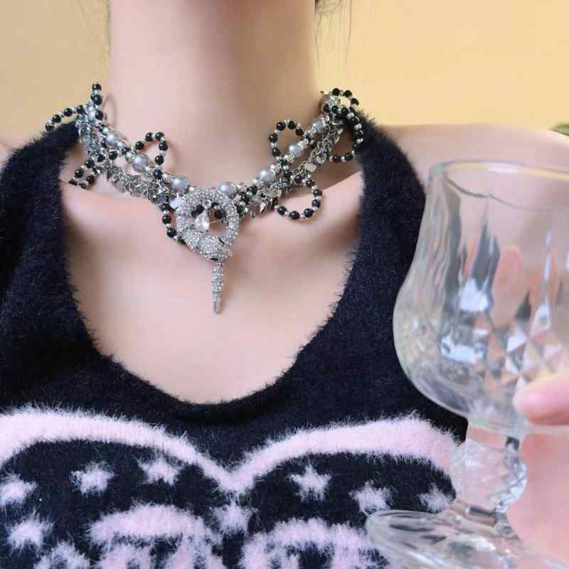 Beads - ネックレス レディース 2WAY 蛇 スネークモチーフ ラインストーン ジルコニア パール ビーズ ティアドロップ タッセル ペンダント ブローチ 鎖骨チェーン 普段使い パーティー 甘辛ミックス クールフェミニン 春夏 電気メッキ