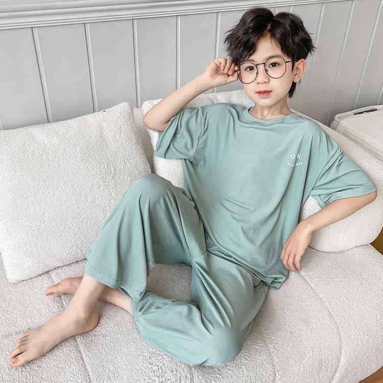 ・カテゴリ: 子供用ルームウェア・安全基準: B類・素材: ポリエステル99%・対象性別: 男児・カラー展開: ブルー、グリーン・対象年齢: 8歳以上（身長140cm以上）・スタイル: カジュアル・サイズ展開: 120cm、130cm、140cm、150cm、160cm、170cm・生地の厚さ: 薄手・柄: 無地・加工: 柔軟加工・デザイン要素: セットアップ、トレンド
