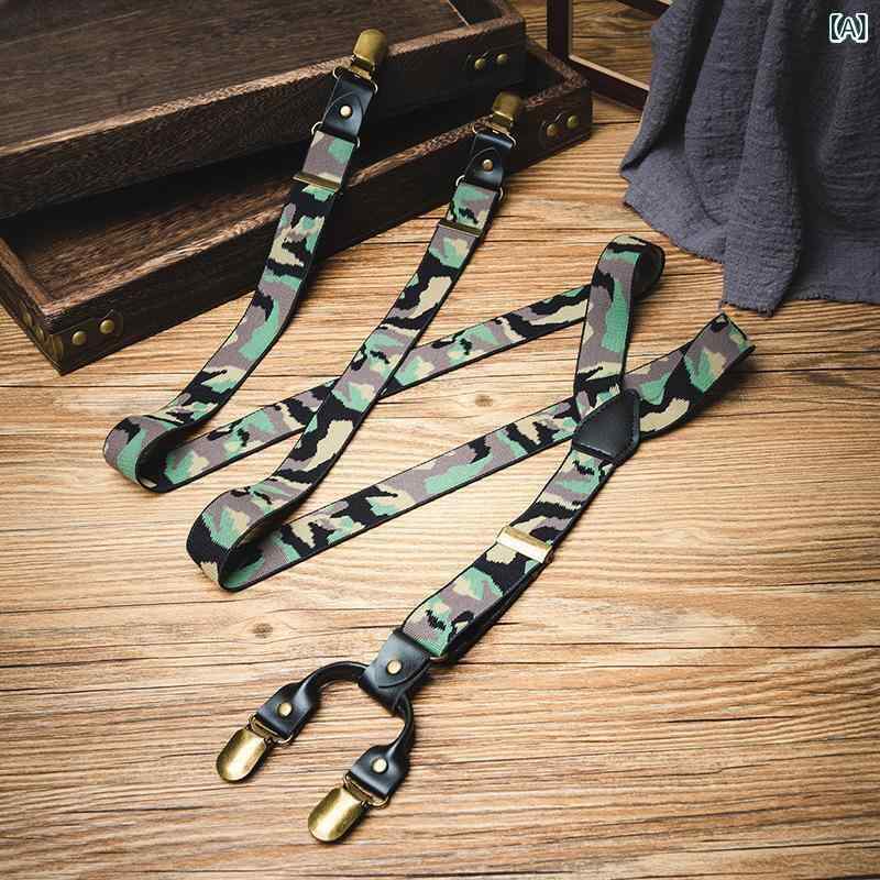 Neck Straps - サスペンダー メンズ 男性用 迷彩柄 レトロ ヴィンテージ カジュアル 伸縮性 滑り止め 強力4クリップ X型 長さ調節可能 ゴムバンド スラックス スーツ ビジネス 大きいサイズ