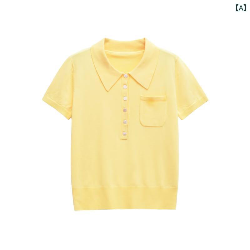 ニット レディース ポロ襟 リブ編み 切り替え ファッション 着回し 万能 かわいい フレッシュ フェミニン 伸縮性 ポリエステル スパンデックス 七分袖 イエロー レギュラー丈 欧米風 春夏