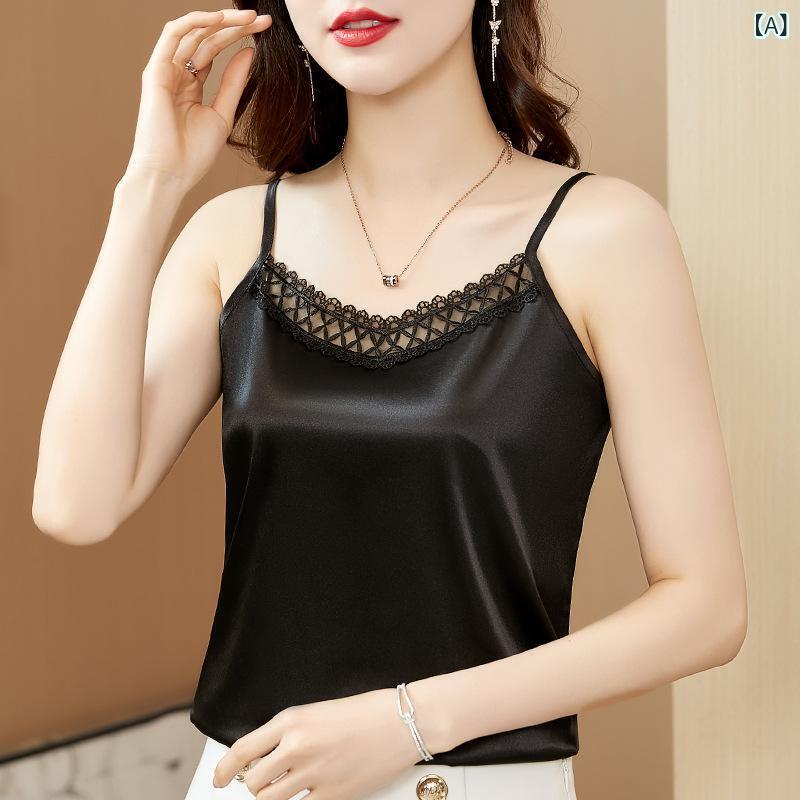 Camisoles - キャミソール レディース 接触冷感 ゆったりサイズ ショート丈 ノースリーブ レース 美背デザイン スーツインナー オフィスカジュアル 普段使い サテン調 無地 吸湿速乾 伸縮性 きれいめ 上品 春夏