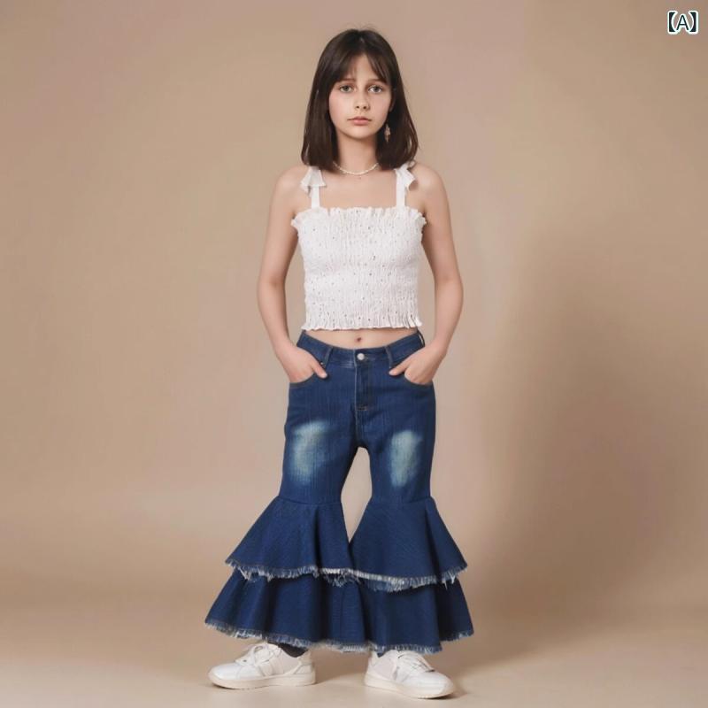 セットアップ 女の子 キッズ 春夏 キャミソールトップス プルオーバー デニム ロング丈パンツ 2点セット 綿 薄手 通気性 カジュアル 欧米風 お出かけ 快適