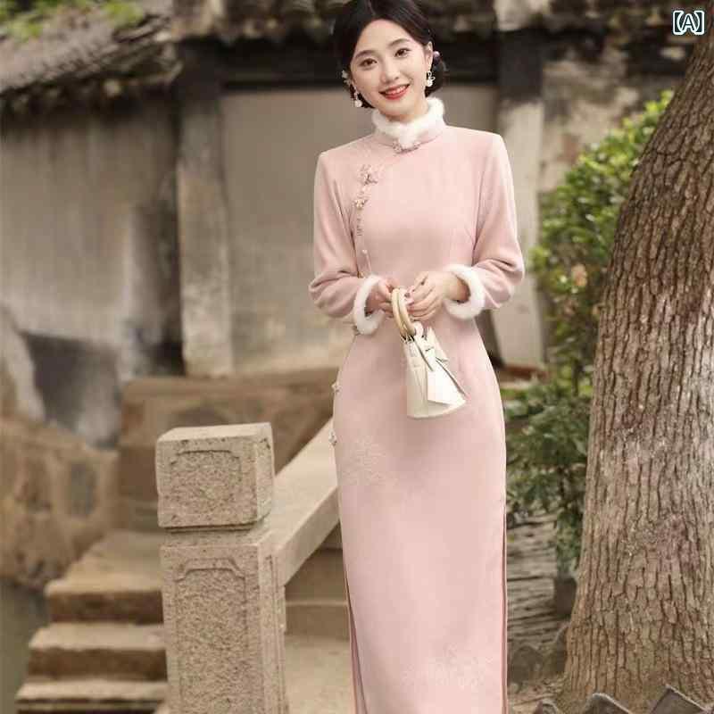 Nightwear - チャイナドレス レディース 少女 秋冬 レトロ 新中華風 スリムフィット スタンドカラー 長袖 厚手 裏起毛 ストレッチ 普段使い デイリーユース ガーリー フェミニン スウィート