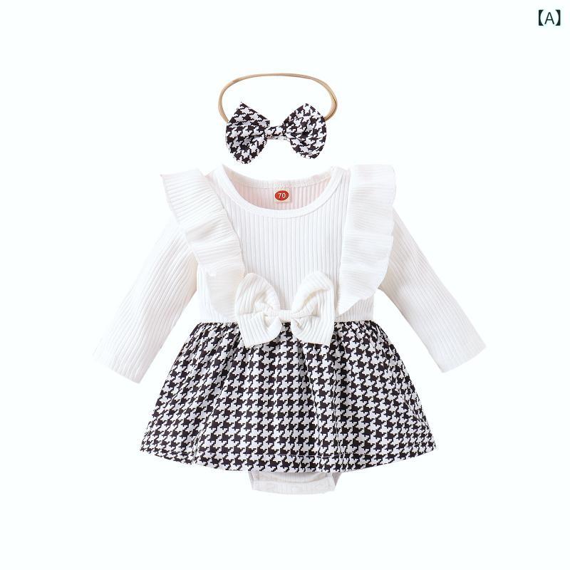 ロンパース 女の子 ベビー カバーオール 秋冬 欧米風 綿 肌に優しい 長袖 フリル レース 千鳥格子柄 スカート風 リボン 白 ピンク 普段着 お出かけ 股下スナップ