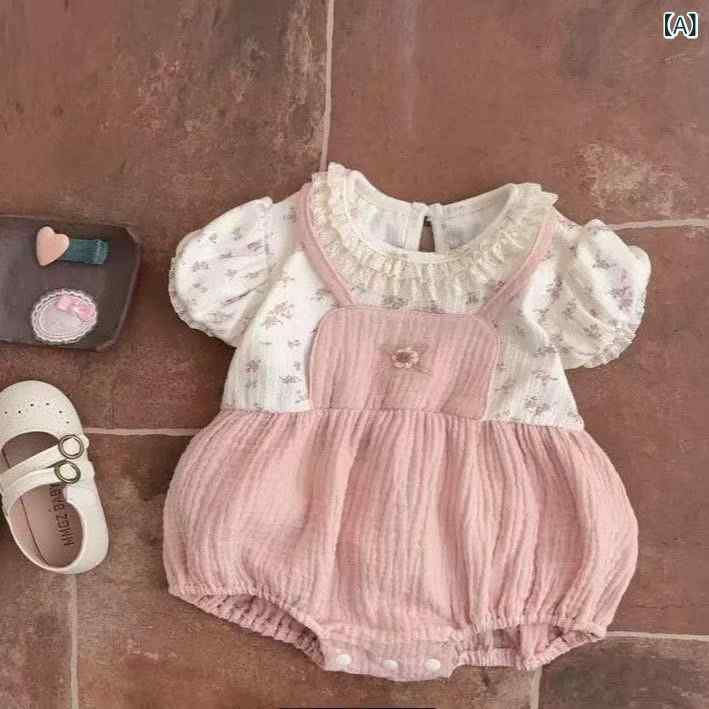 ベビー オールインワン 女の子 夏 半袖 プリンセス ピンク 小花柄 ガーゼ 綿 薄手 ...