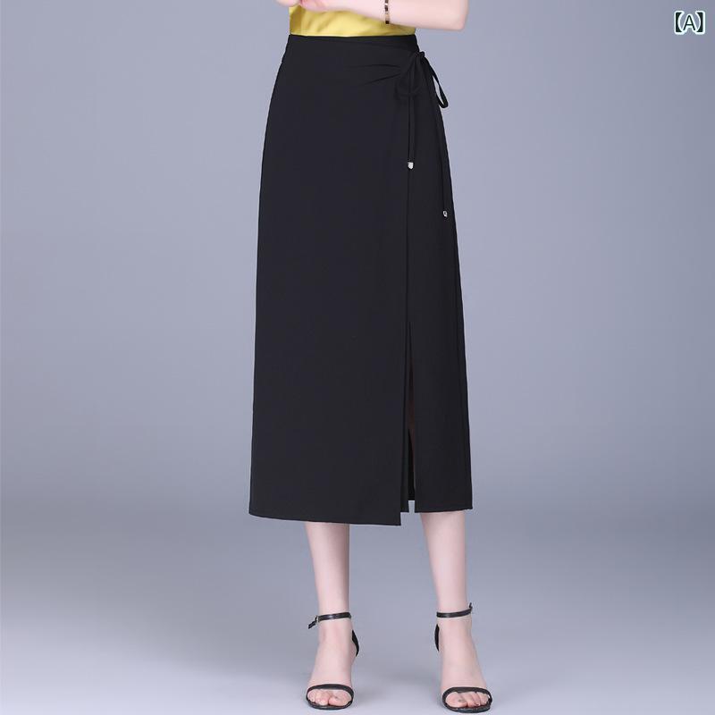 Other Apparel - スカート 通勤 ハイウエスト ストレート ロング スリット 黒 こげ茶 夏 ドレープ 細見え 上品 エレガント ポリエステル 伸縮性 無地