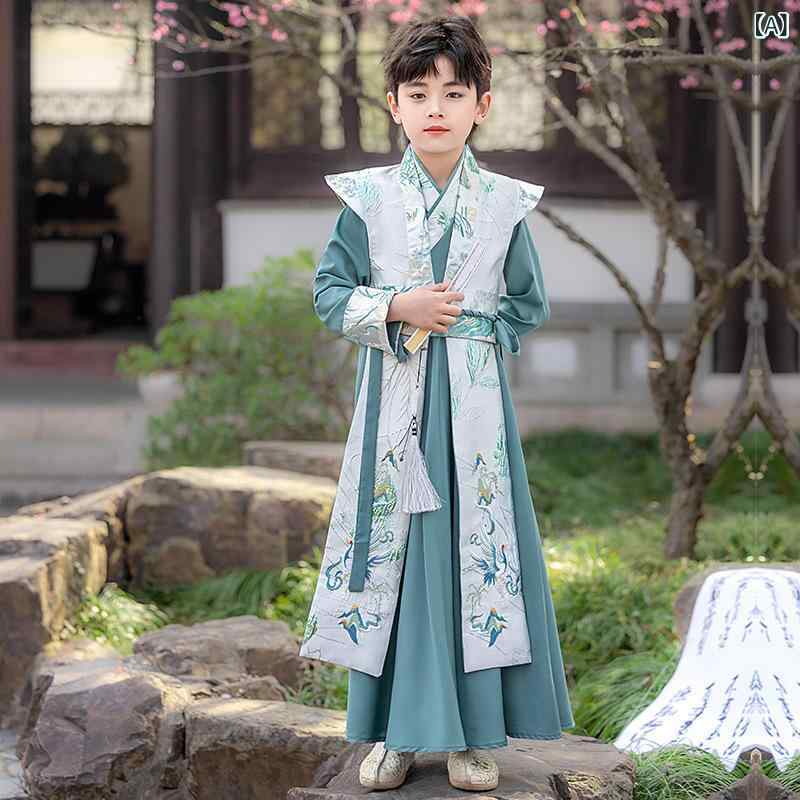Yukata （Boys） - 漢服 男の子 中国風 唐装 書生風 侠客風 セットアップ ストライプ柄 ポリエステル混紡 柔らかい素材 普通厚 オールシーズン 普段使い