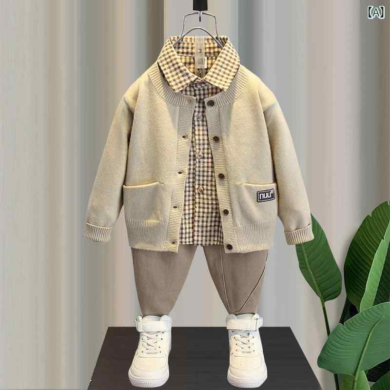 Other - 3点セット 男の子 女の子 春秋 キッズ ジャケット チェック柄 シャツ セーター 長袖 薄手 カジュアル コットン混紡 カートゥーン柄 ベージュ アプリコット ポケット 柔らかい おしゃれ
