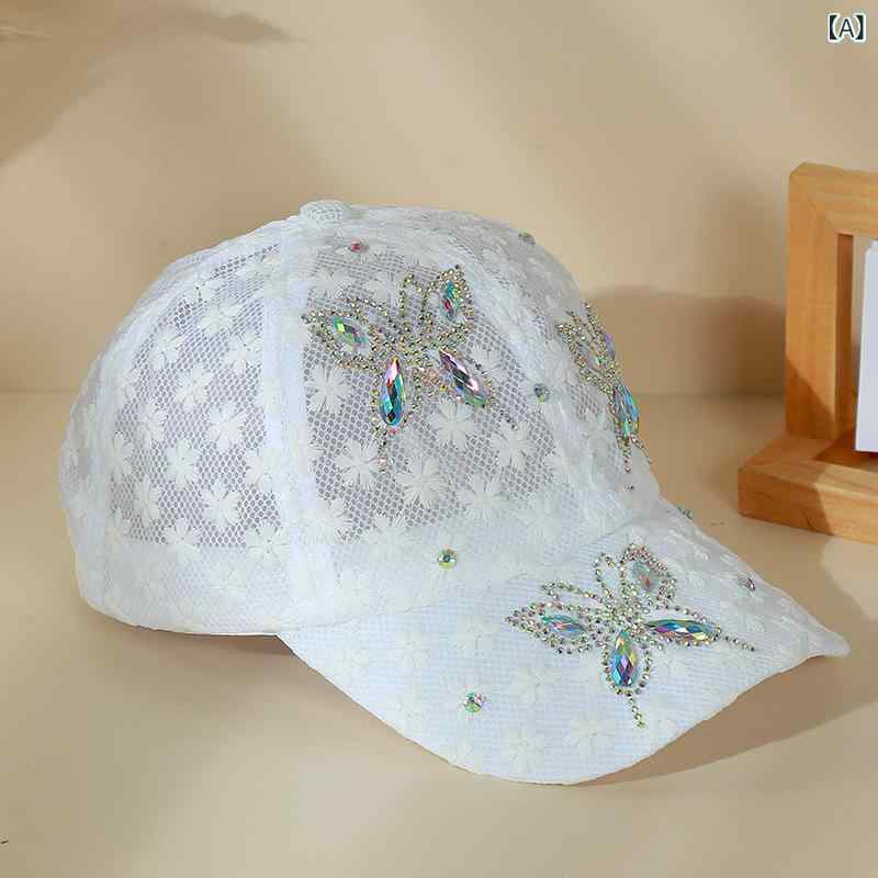 樂天商城 - ベースボールキャップ レディース 春夏 通気性 メッシュ UVカット バタフライ柄 ラインストーン カーブバイザー ポリエステル アウトドア スポーツ かわいい 白 黒 ピンク フリーサイズ