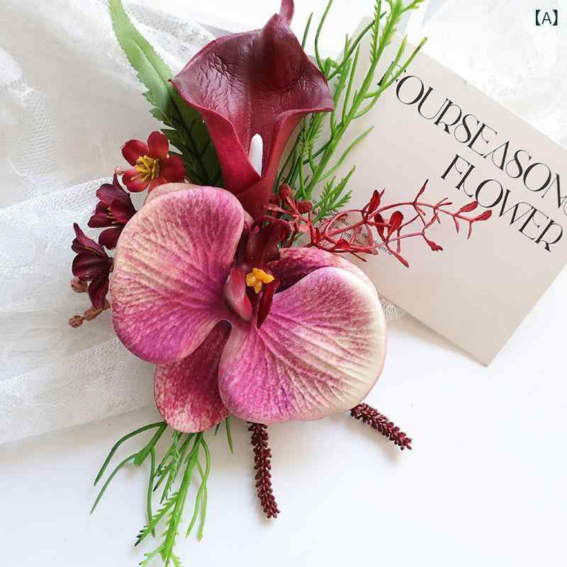 コサージュ 胸花 ラペルフラワー リストフラワー 手首花 襟花 ワインレッド 胡蝶蘭 カラー 造花 布製 結婚式 ゲスト ウェディング 花飾り パーティー