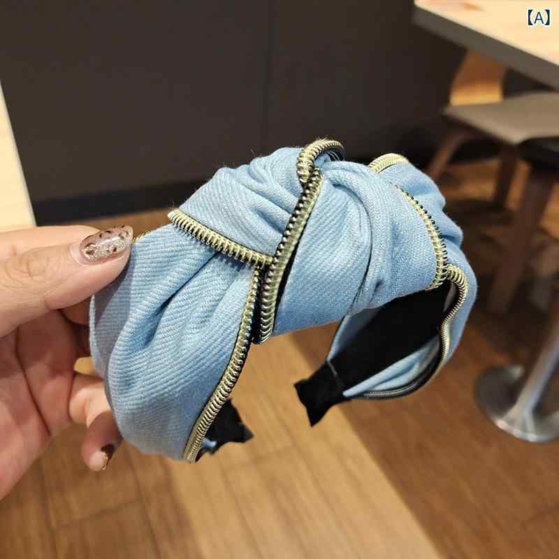 ヘアバンド レディース デニム ワイド 布製 ジッパー 中央結び ハンドメイド おしゃれ シンプル 普段使い かわいい ヘアアレンジ ライトブルー ネイビー ブラック