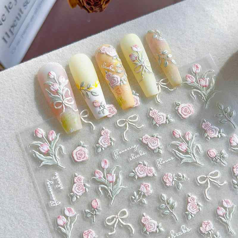 ネイルシール レディース ネイルアート 3D 浮き彫り ぷっくり フラワー 花 蝶々結び リボン 薄ピンク かわいい 甘め 貼るだけ セルフネイル デコレーションパーツ デコシール ネイルステッカー